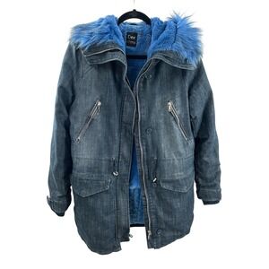 Dex Outerwear Collection Denim Parka Coat Blue Faux‎ Fur Trim Hood xsmall